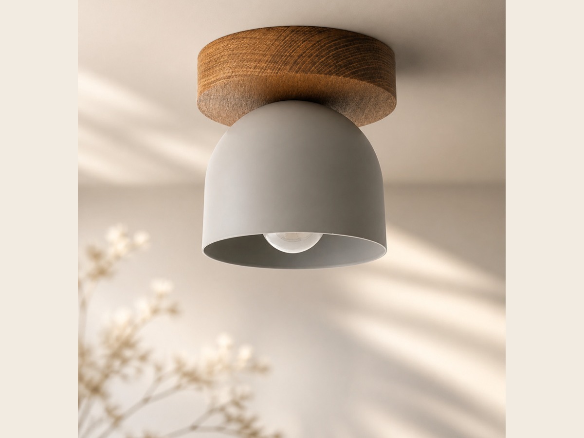 Oak ceiling light with grey dome