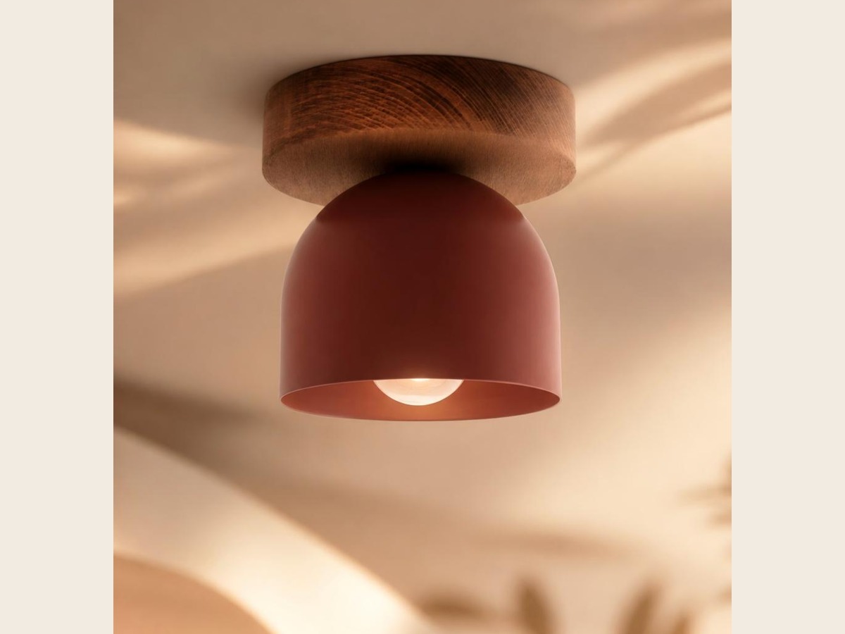 Oak ceiling light with red dome
