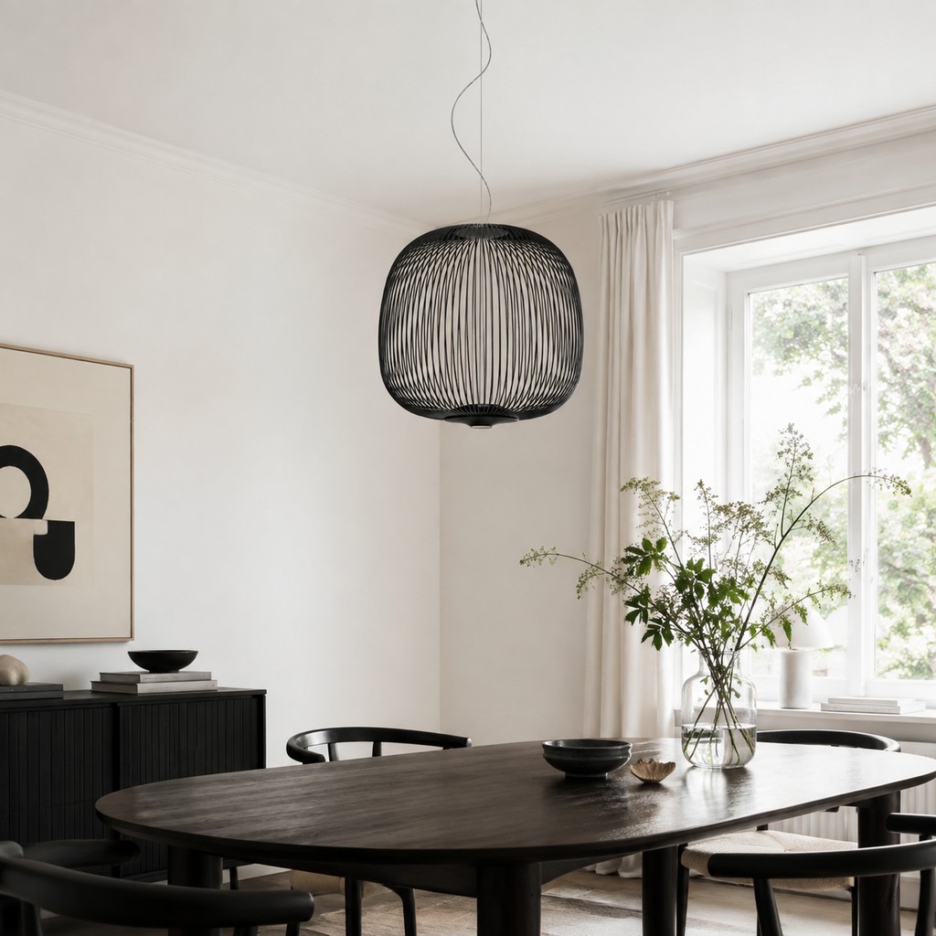 Radial pendant light in a contemporary dining room