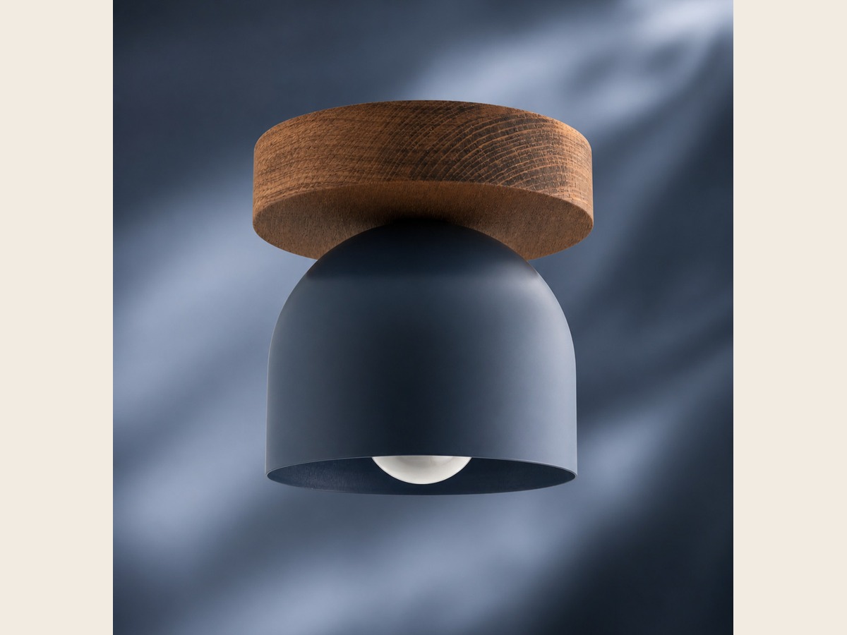 Oak ceiling light with coal blue dome