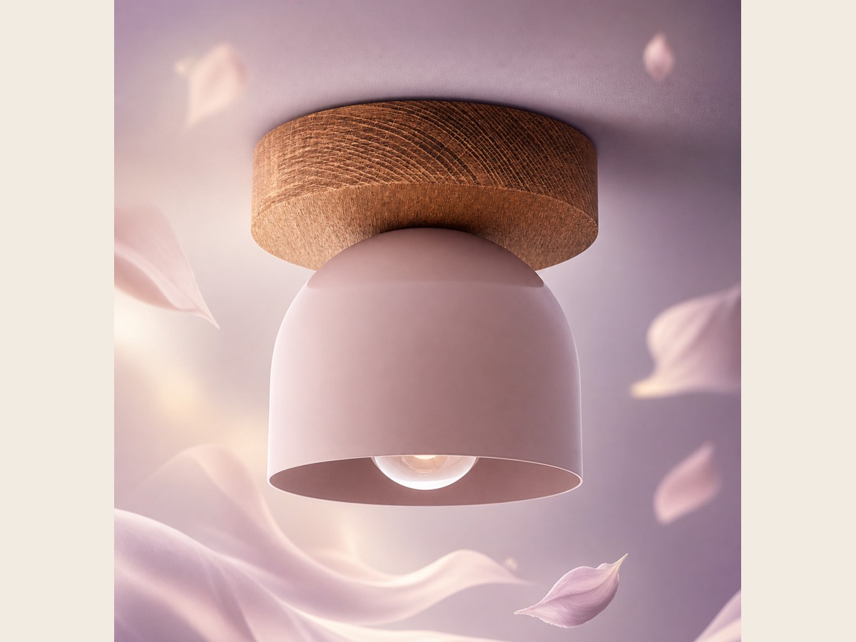 Oak ceiling light with pale purple dome