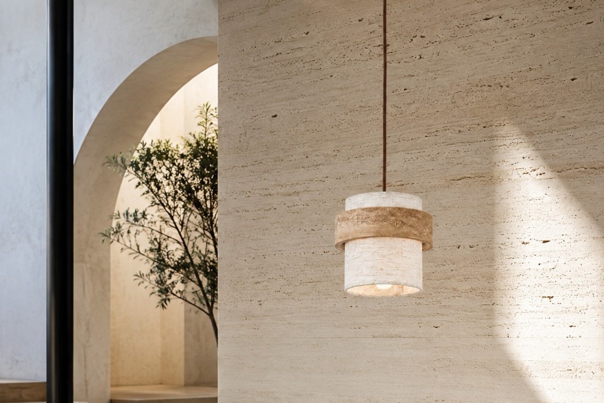 Travertine pendant light glowing in a warm stone interior