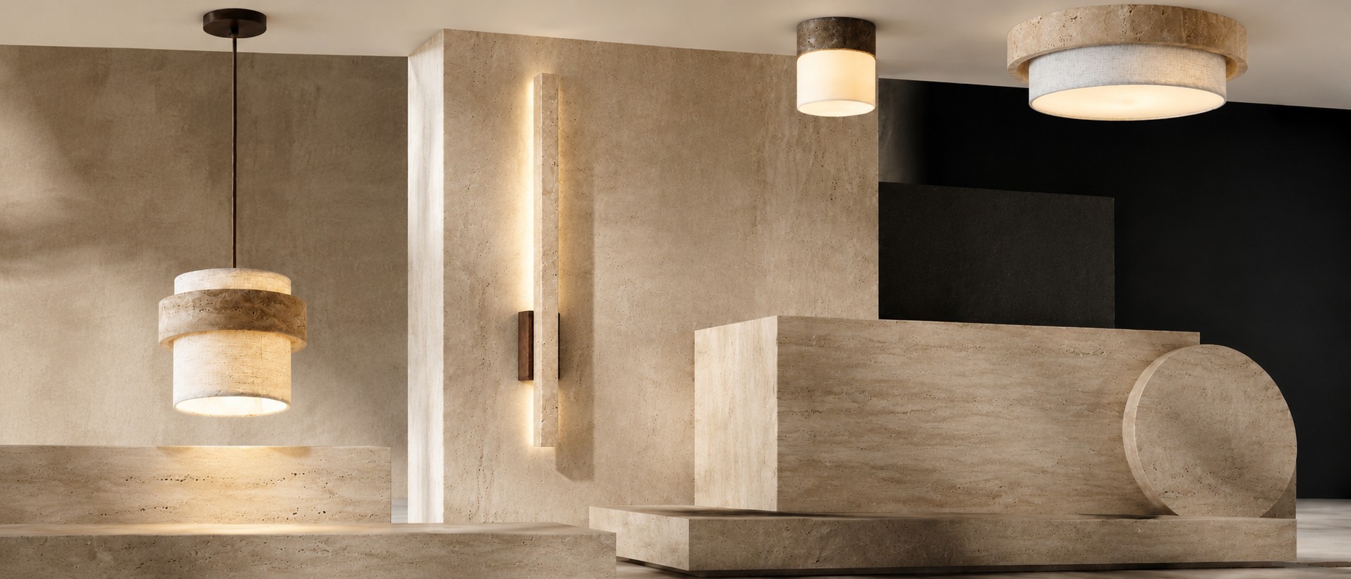 Travertine pendant, ceiling and wall lights arranged in a warm architectural interior