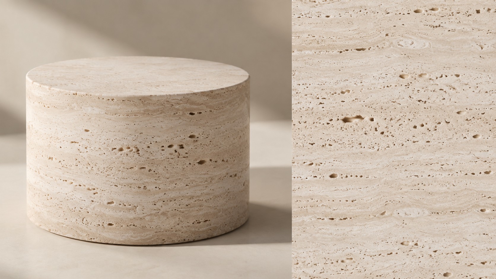 Travertine object and close-up showing the stone's natural pores and layered texture