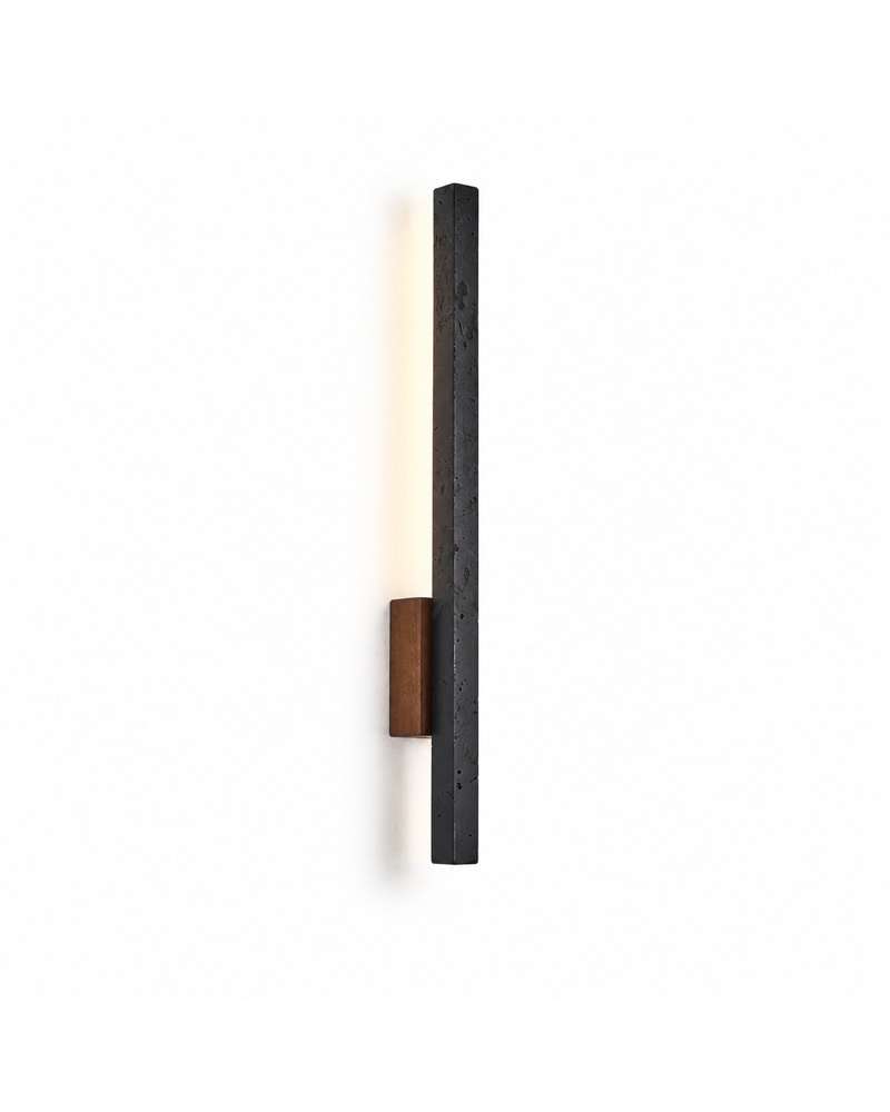 Linear travertine and wood LED wall light in black