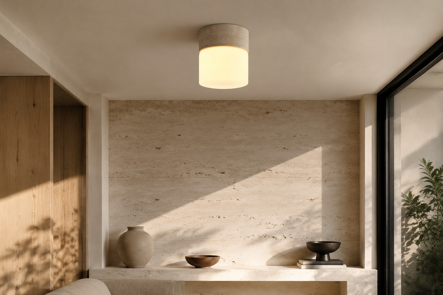 Natural travertine flush mount ceiling light in a sunlit room