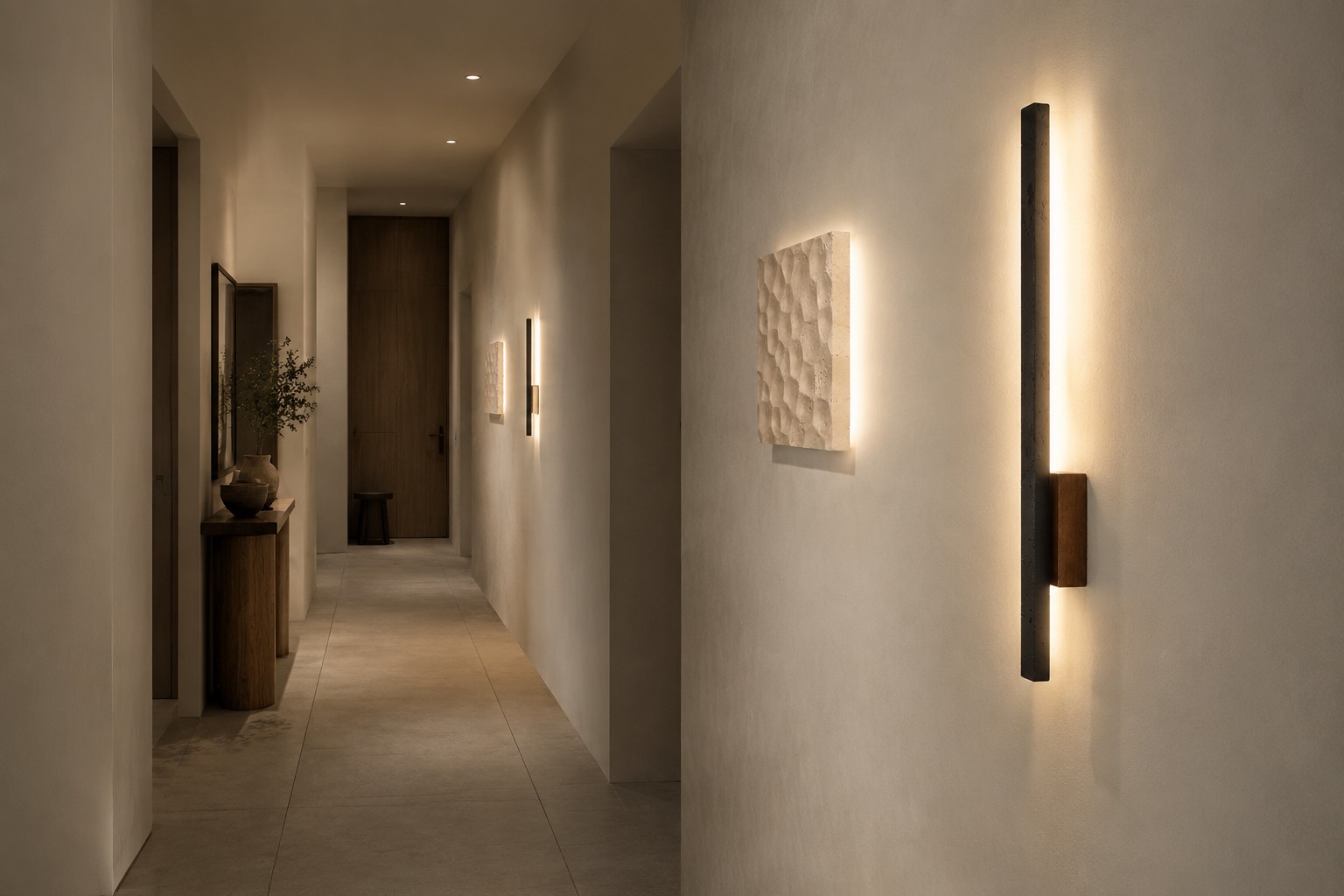 Linear travertine and wood wall lights guiding a hallway