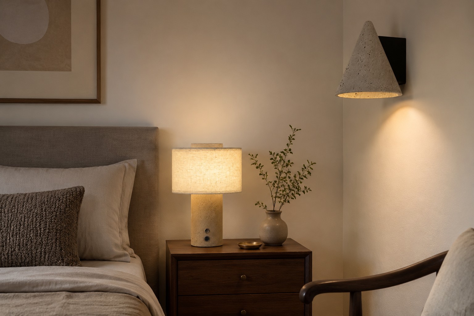 Travertine table lamp and cone wall sconce creating layered bedroom light