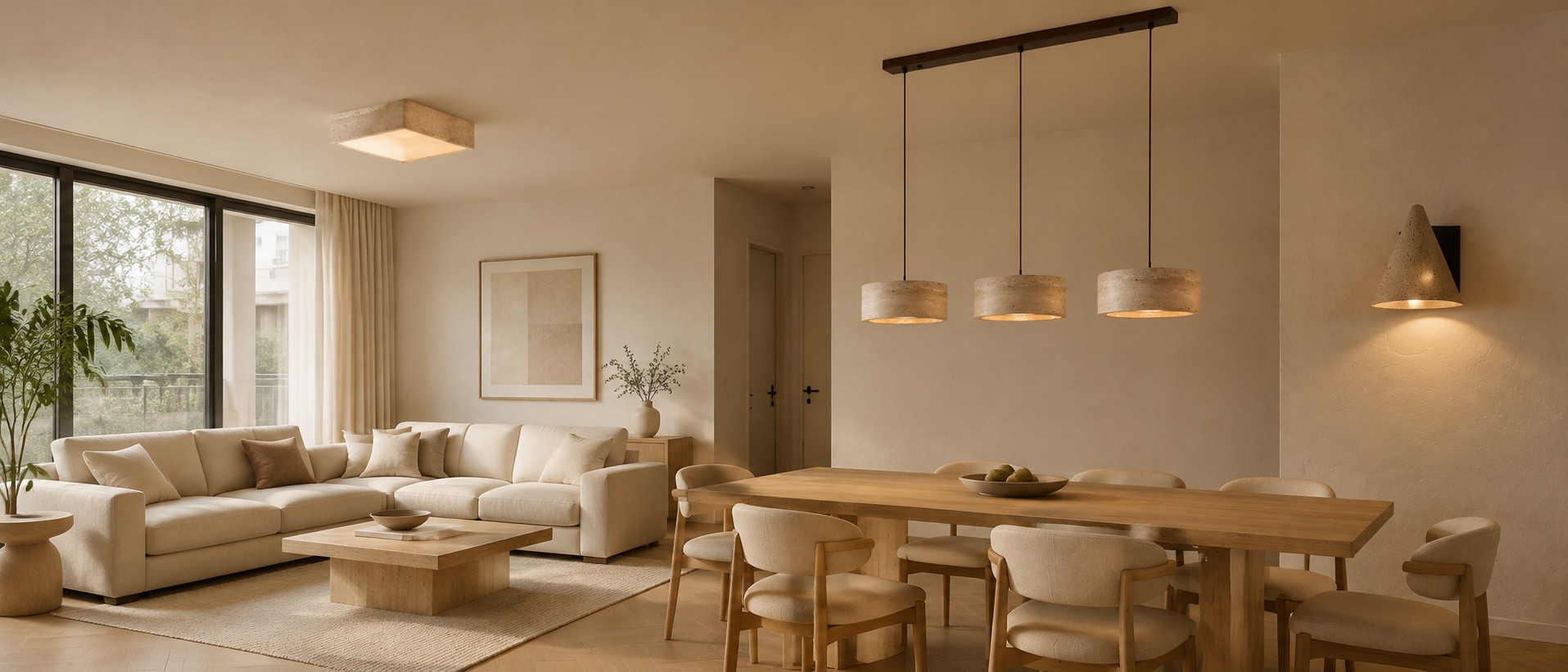 The same living and dining room with travertine pendant, flush mount and wall sconce lighting