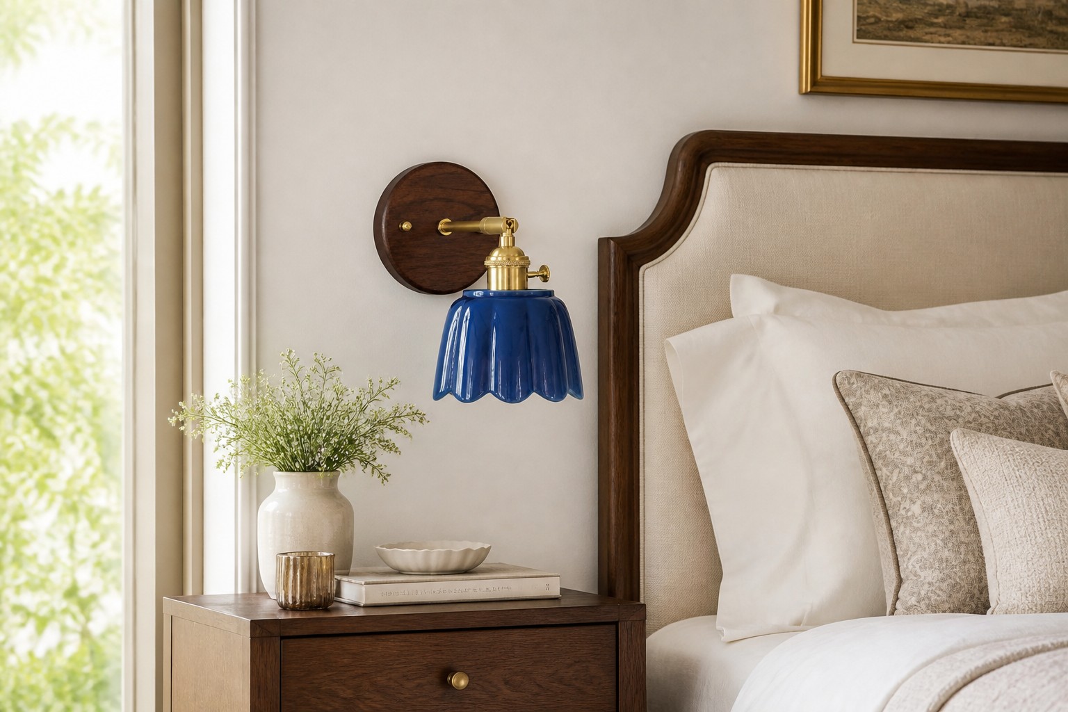 Petal ceramic wall sconce beside a bed