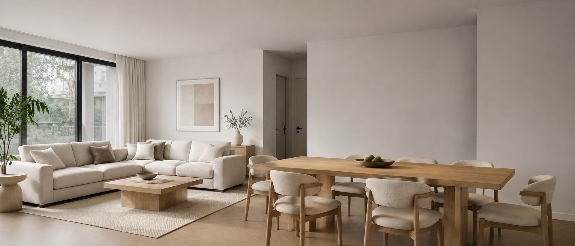 Living and dining room before the travertine lighting layer is added