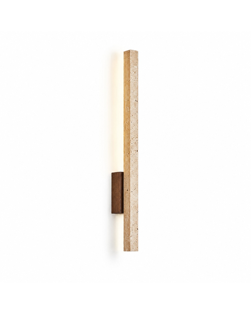 Linear travertine and wood LED wall light in beige