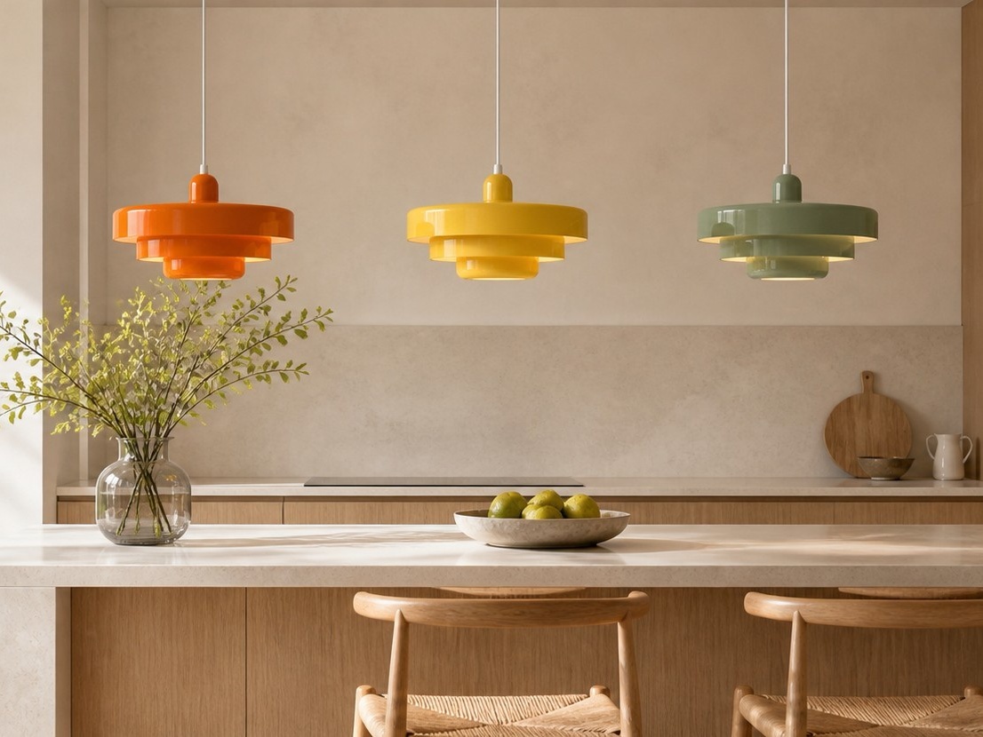 Orange, yellow and green pendant lights above a kitchen island