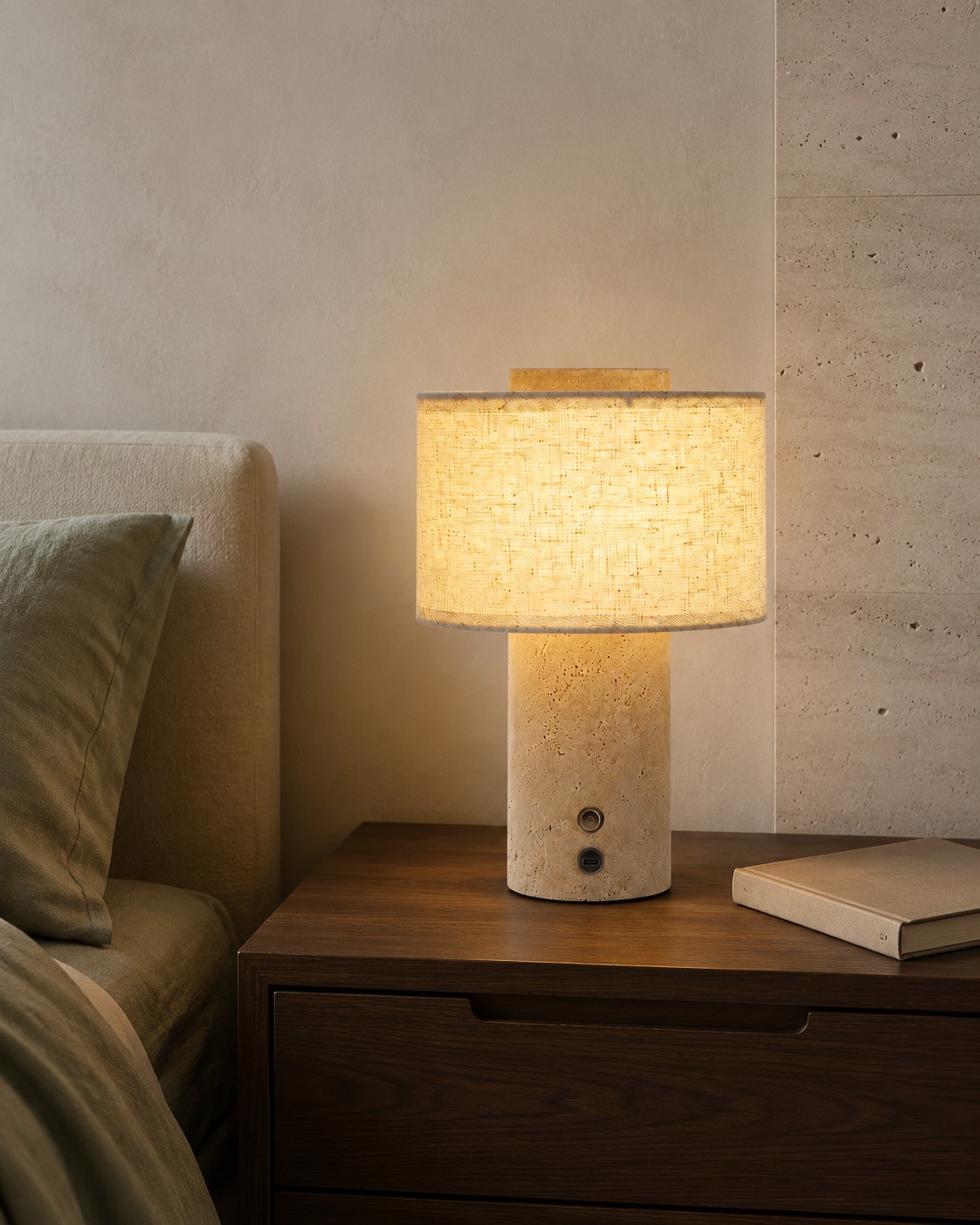 Rechargeable travertine touch table lamp glowing beside a bed