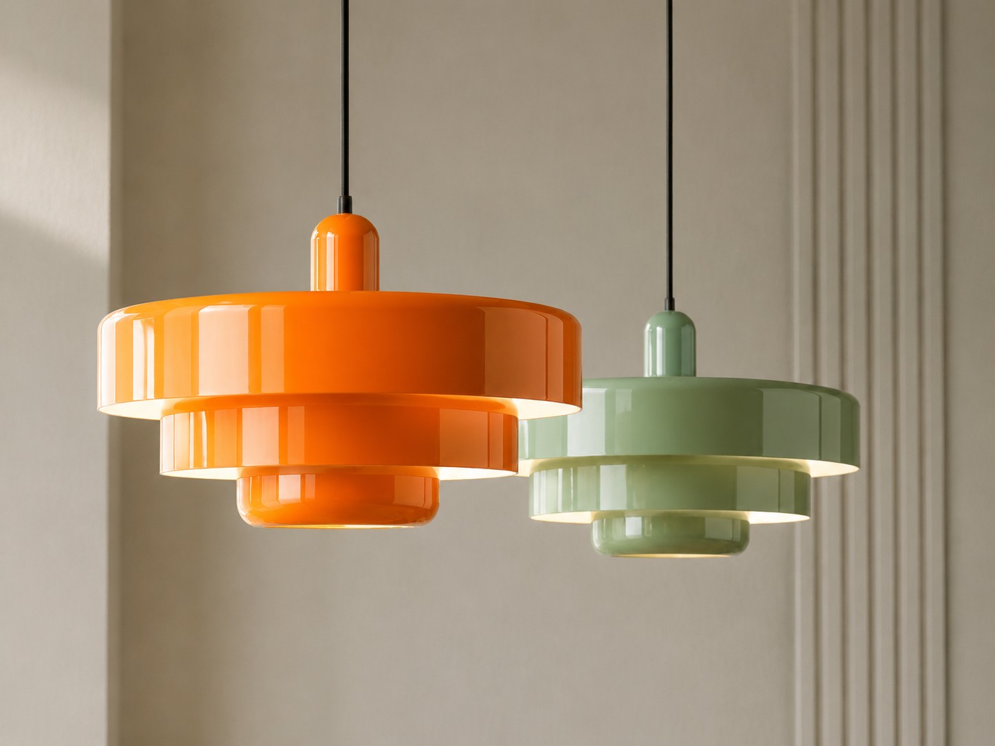 Orange and sage green geometric pendant lights