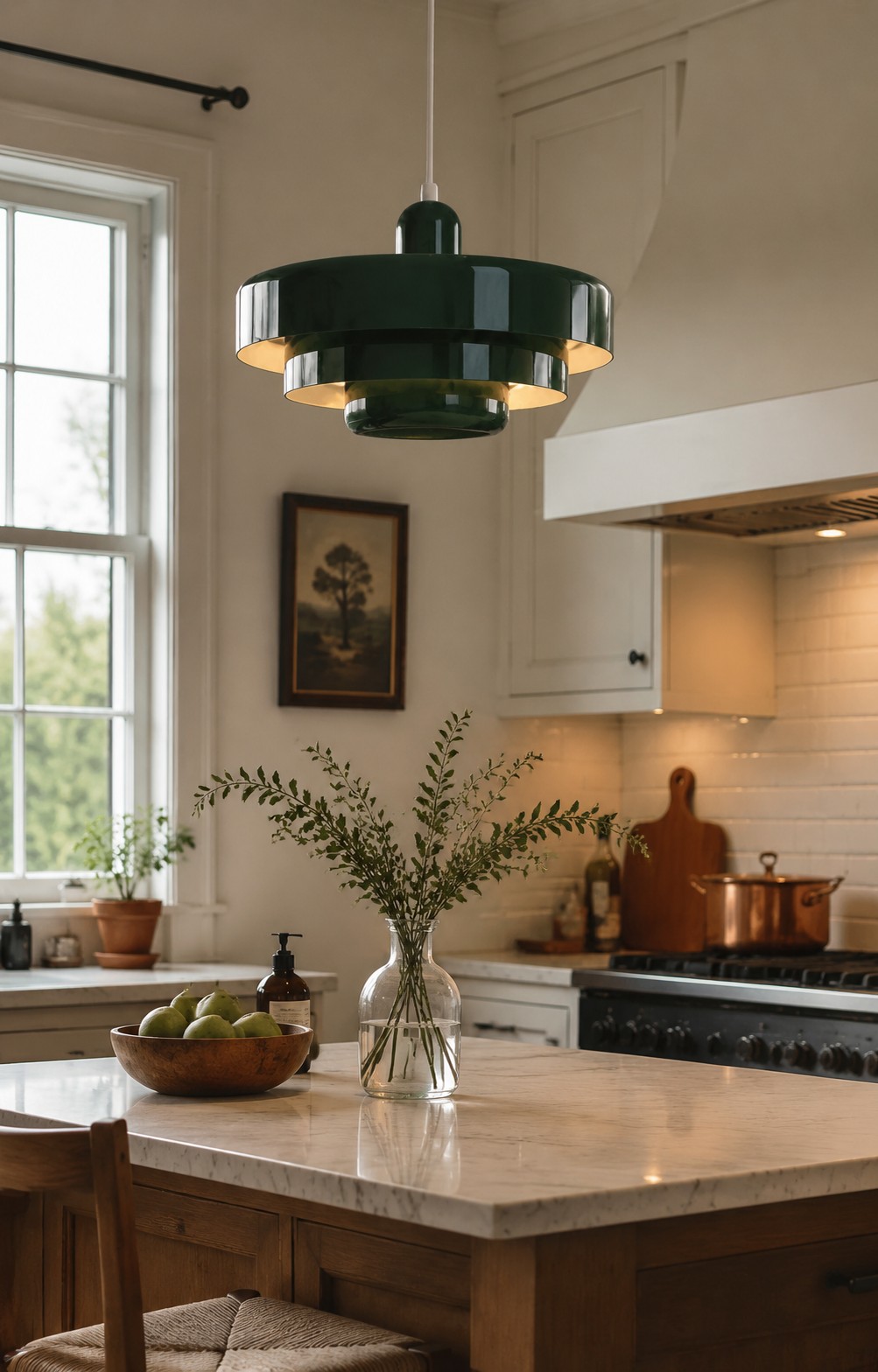 Green layered pendant light in a kitchen