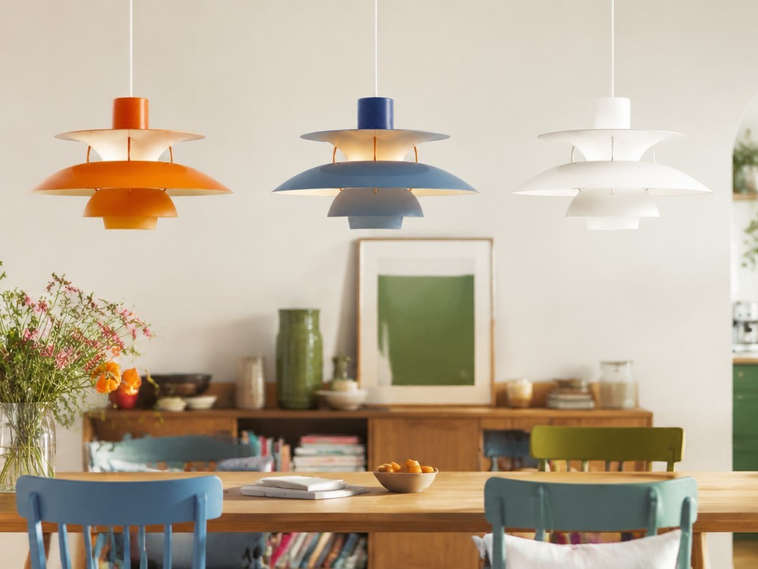 Orange, blue and white designer pendant lights above a dining table