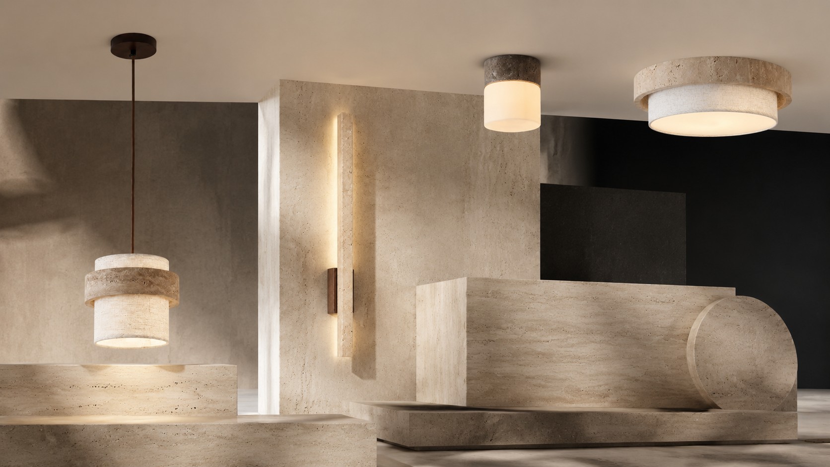 Travertine lighting collection in an architectural setting