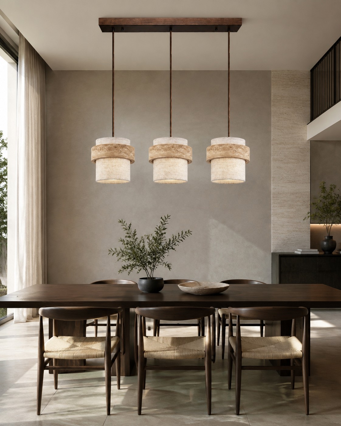 Three travertine fabric pendant lights above a dining table