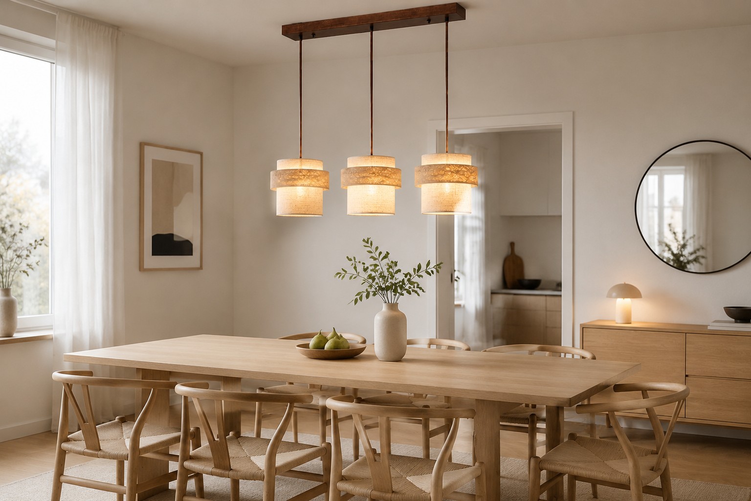 Three-head travertine fabric pendant light over a dining table