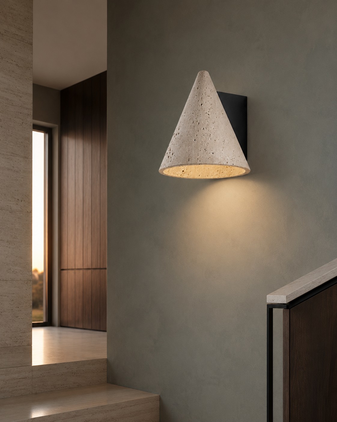 Natural travertine cone wall sconce lighting a passage
