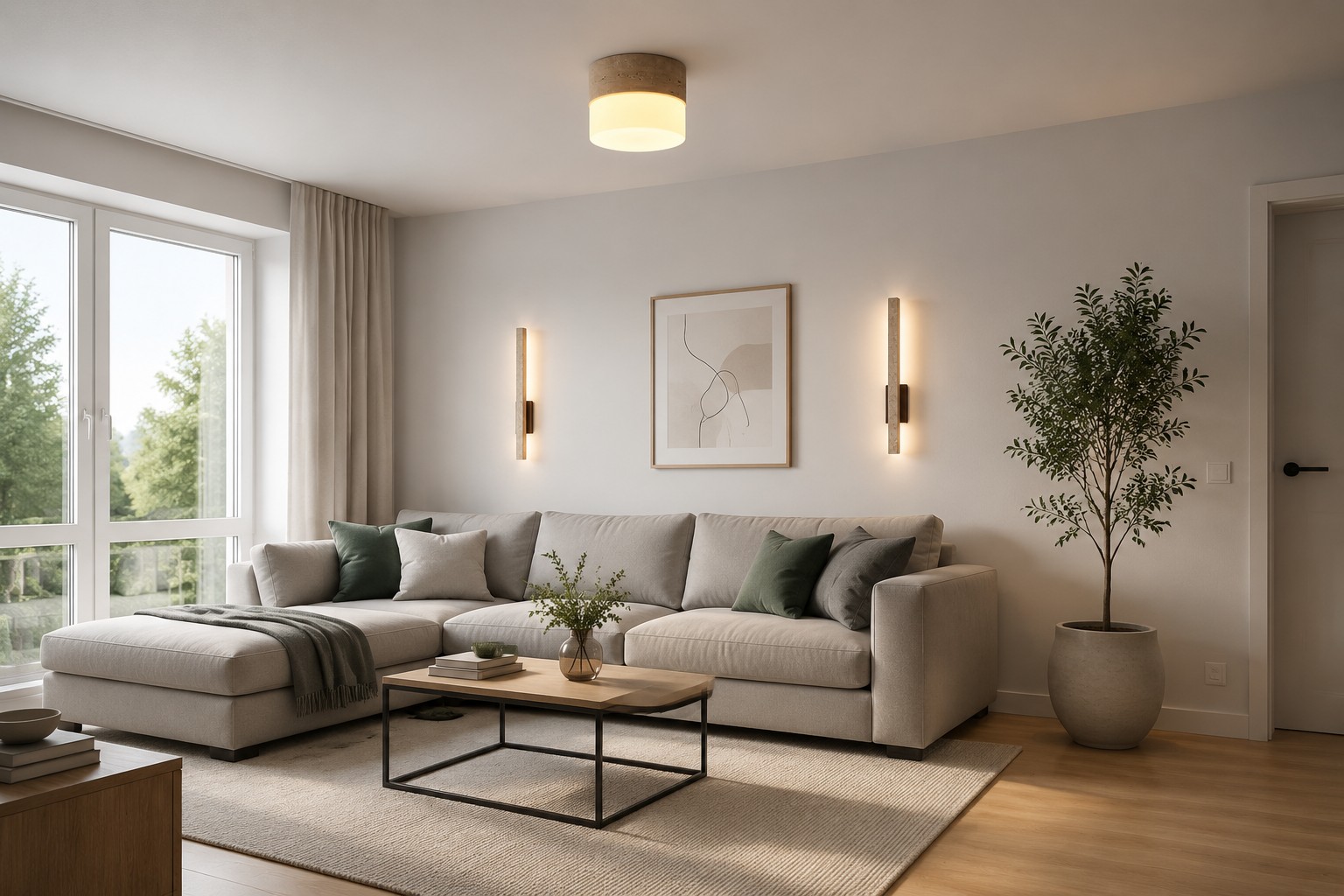 Living room with a compact travertine ceiling light and paired wall lights