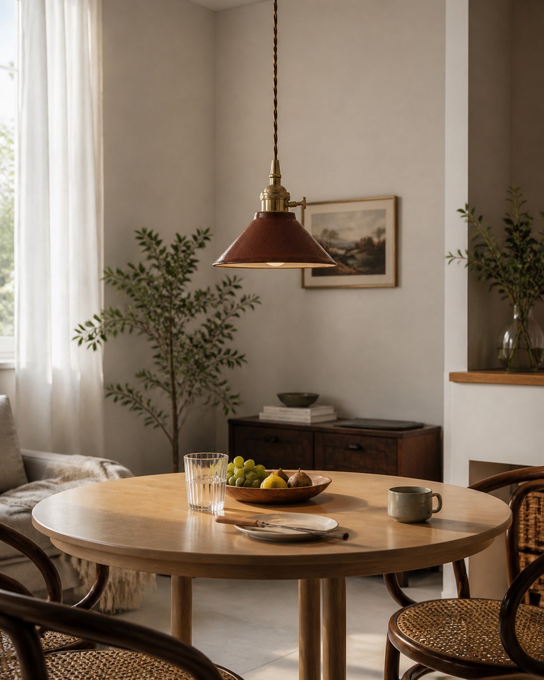 Glazed ceramic pendant above a round dining table