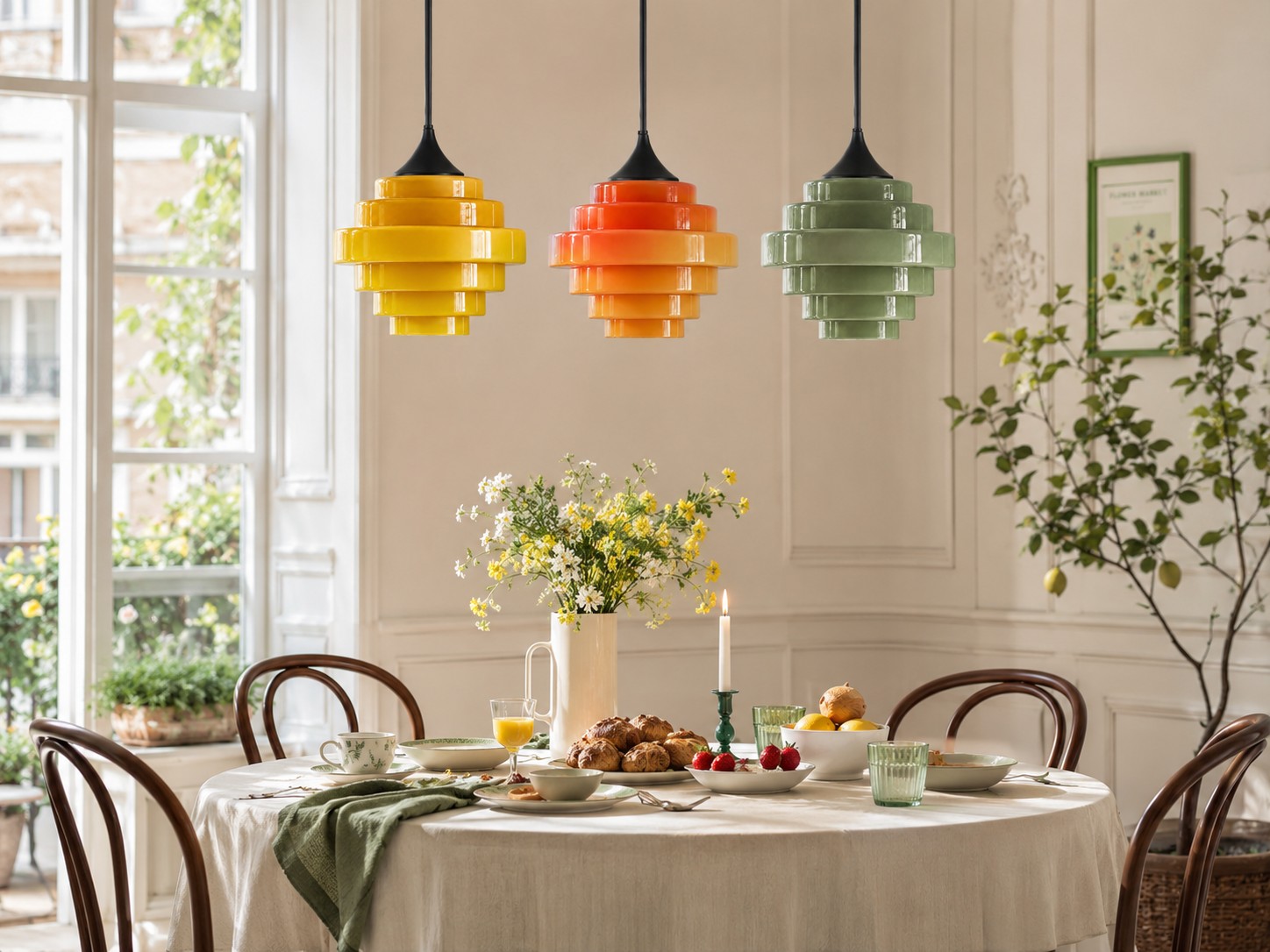Colgantes amarillos, naranjas y salvia sobre una mesa de comedor