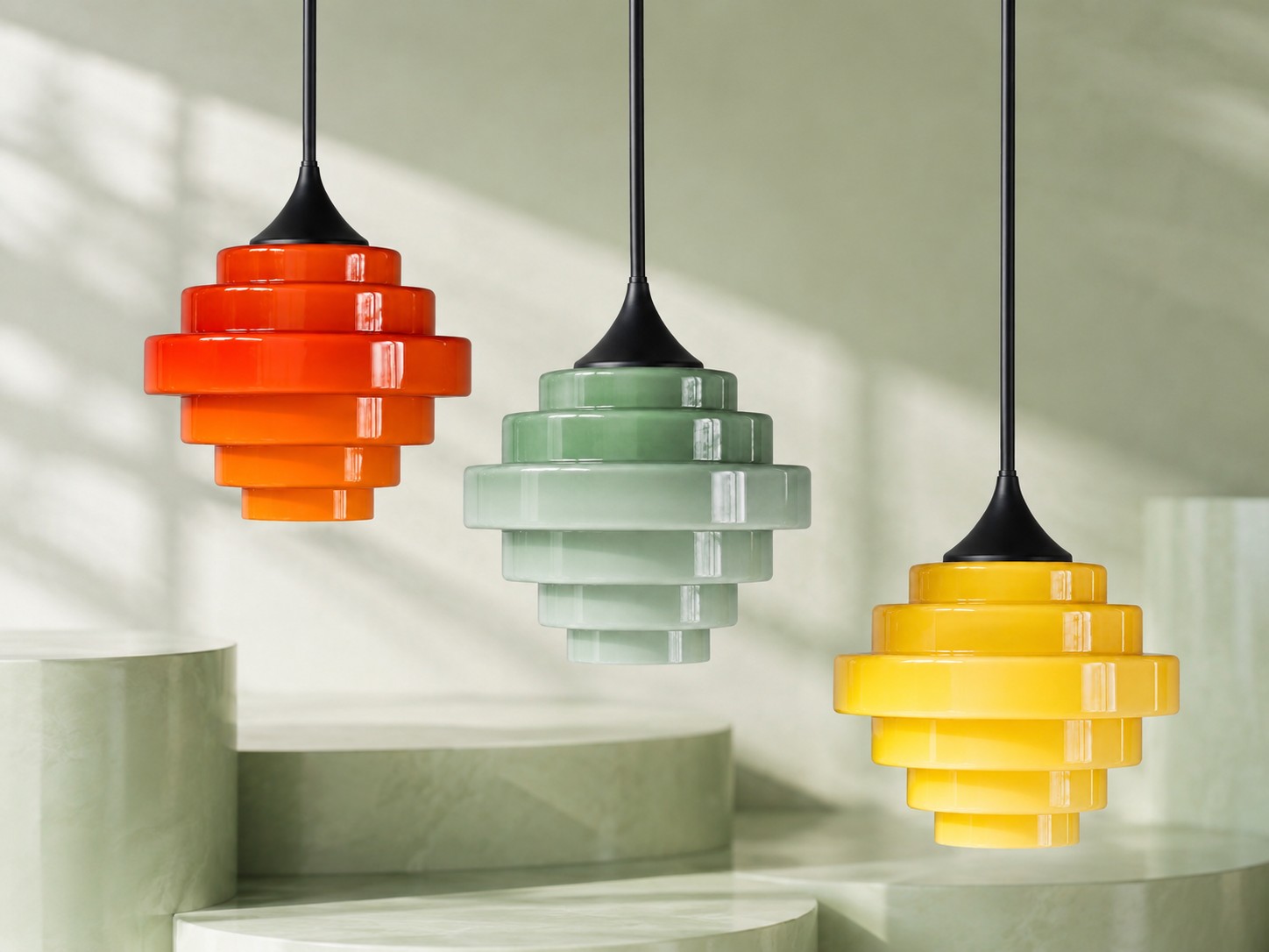 Luces colgantes en capas de color amarillo, naranja y salvia en una paleta