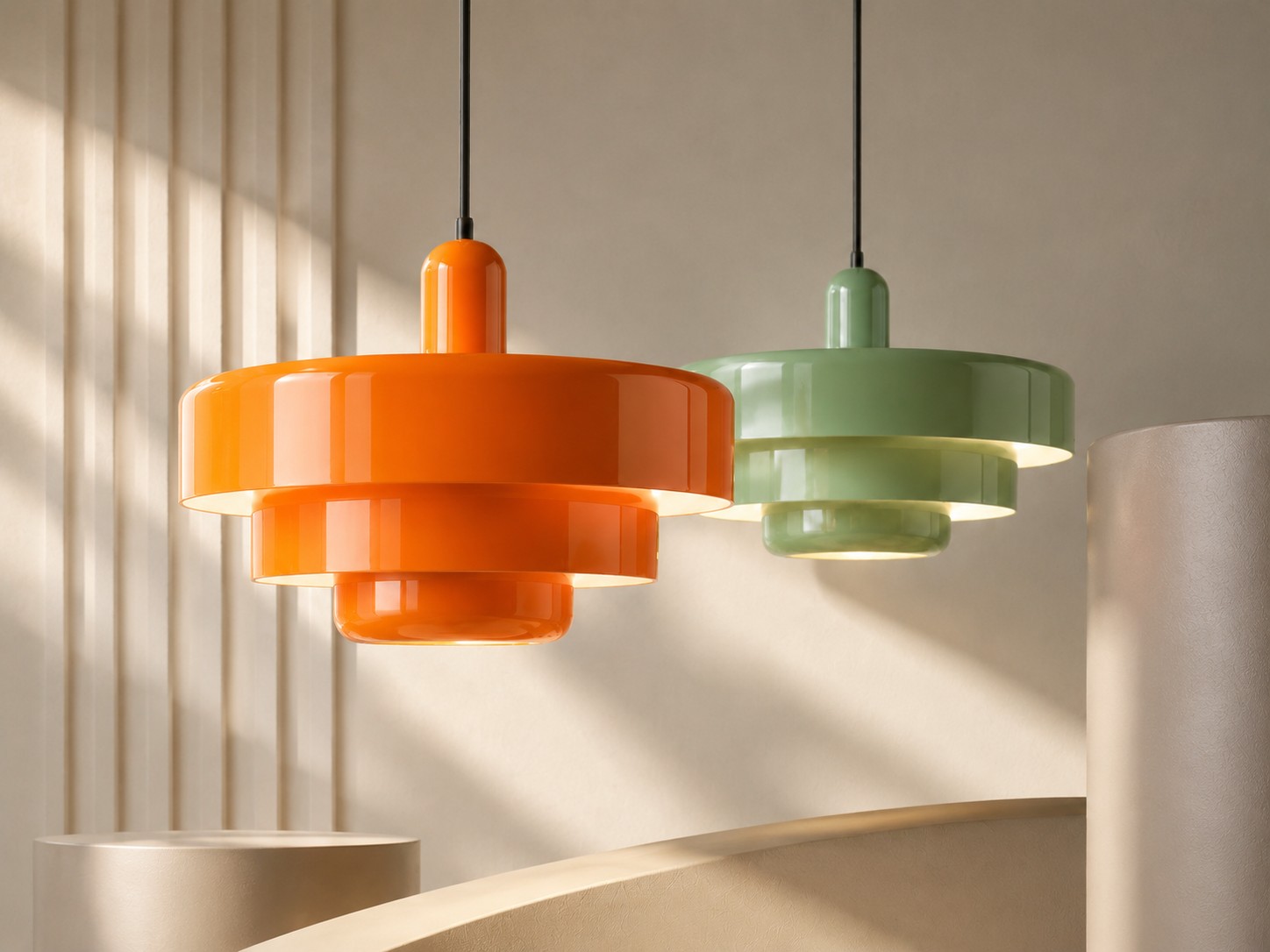 Colgantes de discos apilados de color naranja y salvia en un interior iluminado por el sol