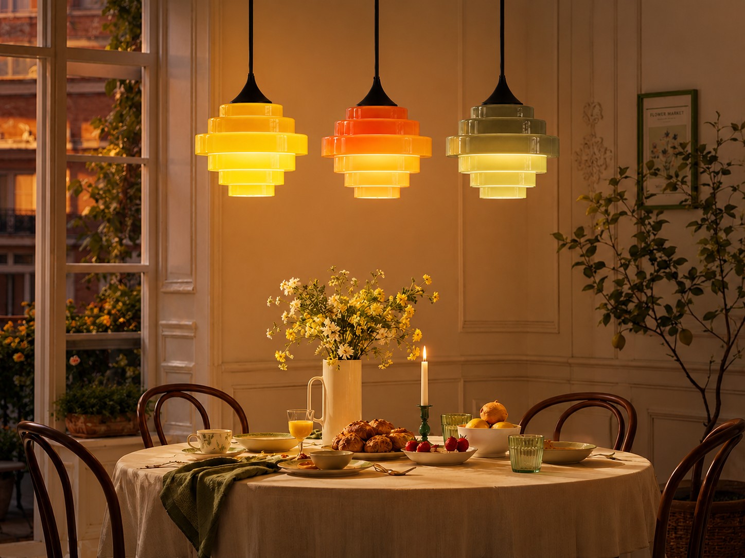Colgantes de color amarillo, naranja y salvia al atardecer sobre una mesa de comedor