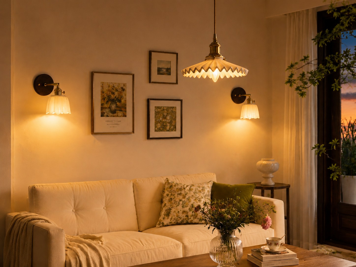 Luces plisadas blancas encendidas al anochecer en una sala de estar