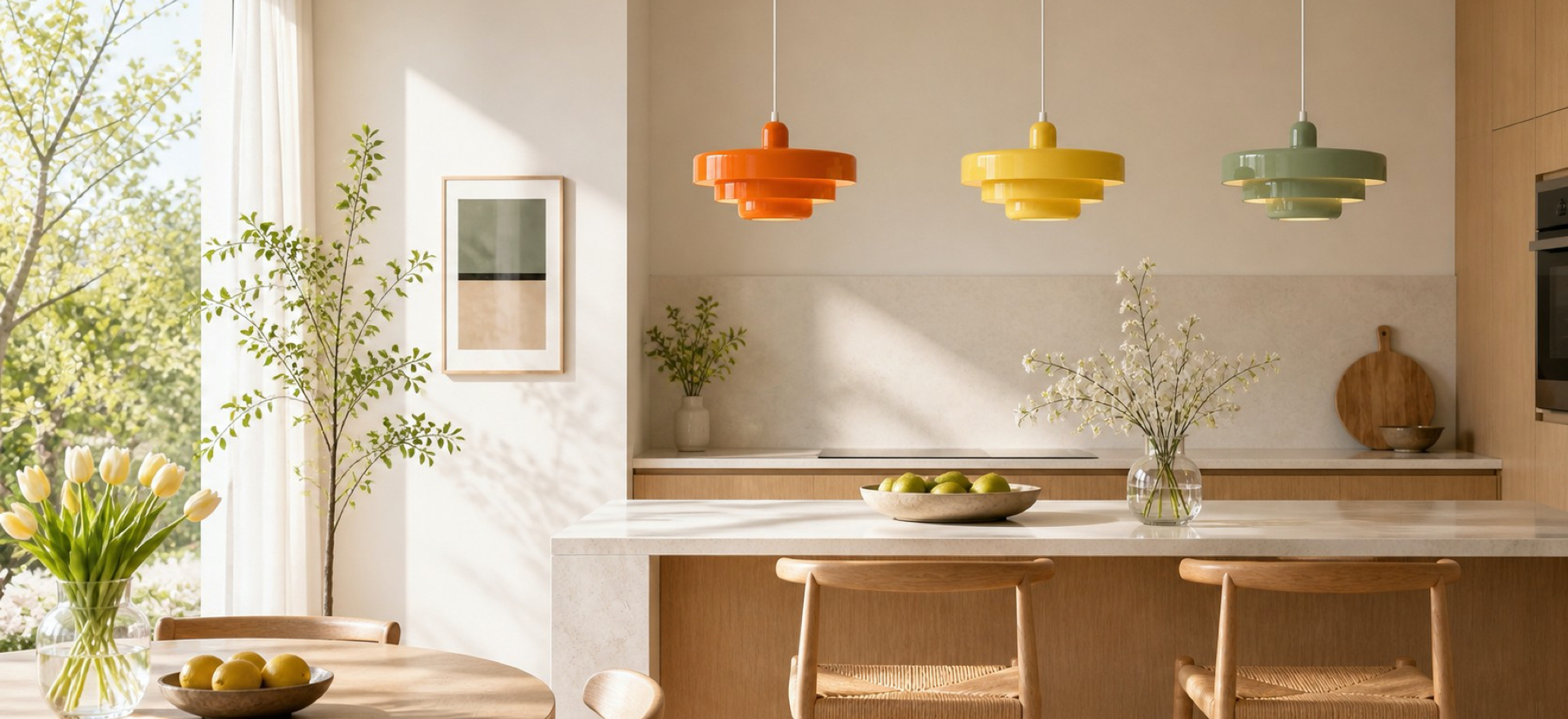 Coloridas lámparas colgantes de diseño en un interior luminoso