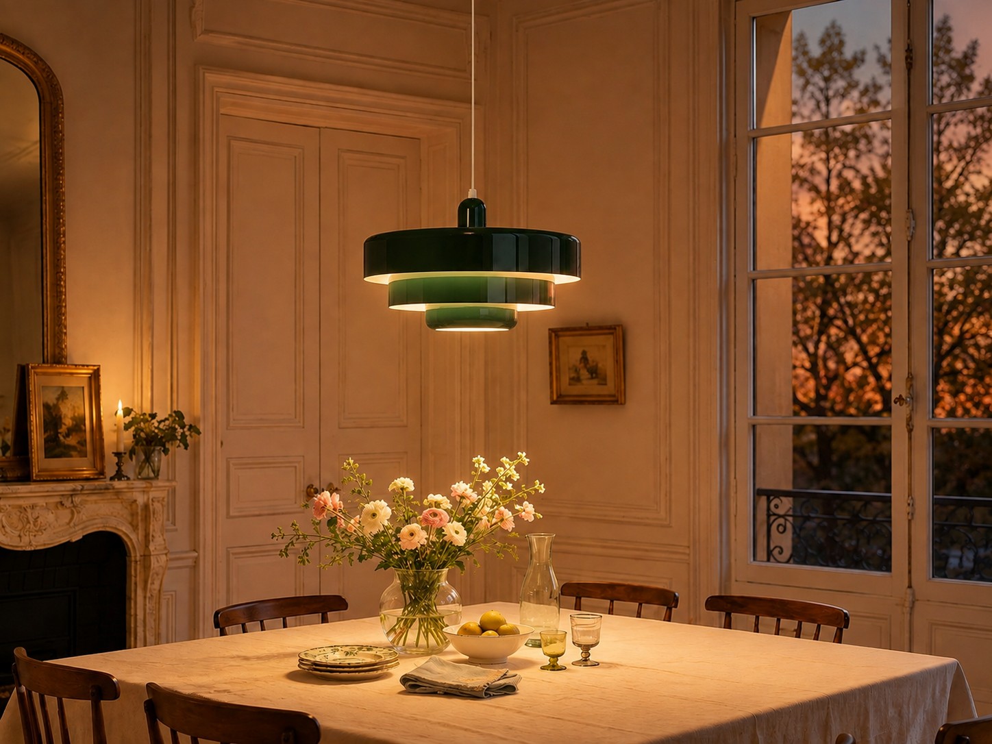 Colgante escalonado verde al atardecer en un salón