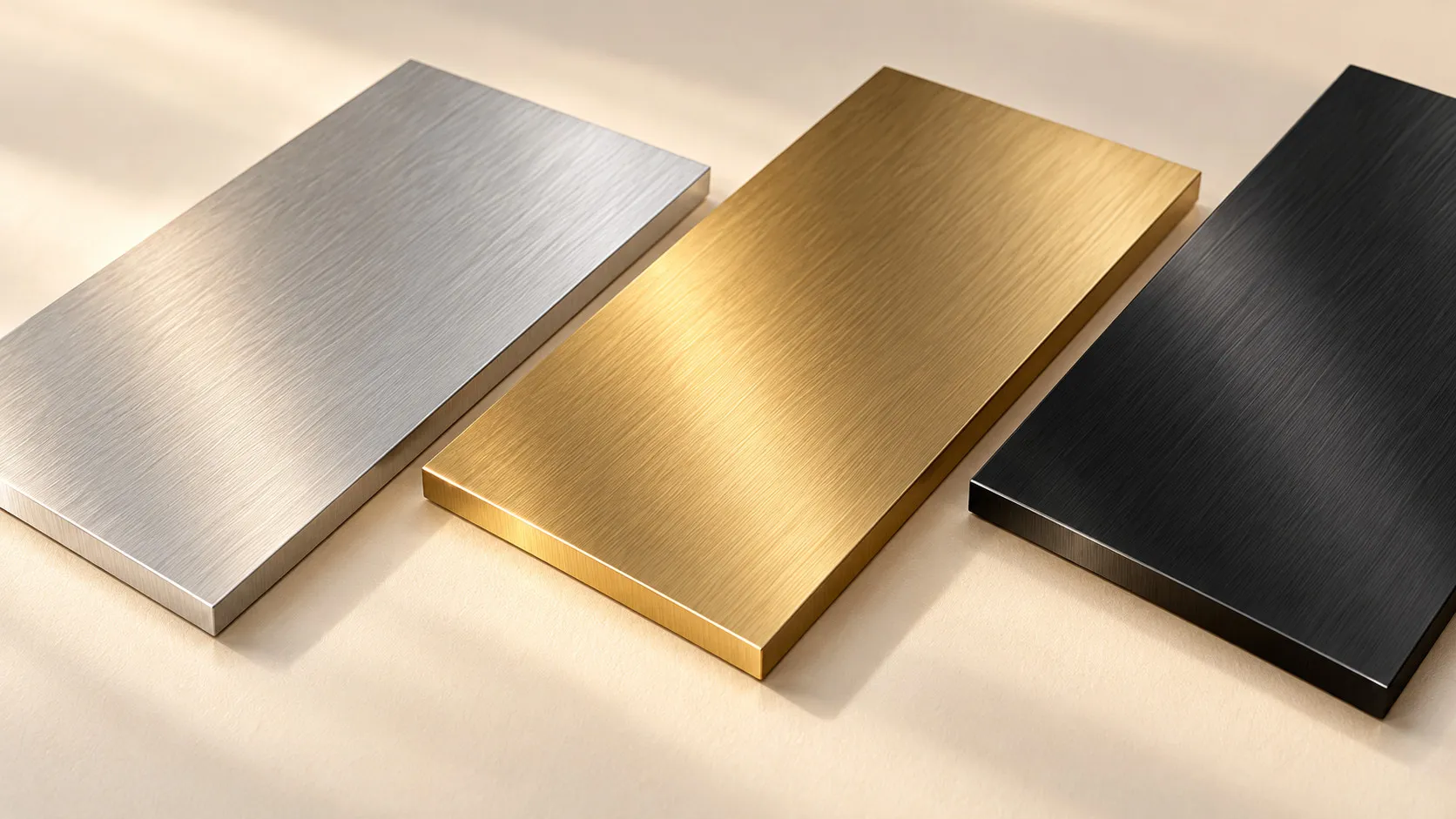 Muestras de plata cepillada, latón y metal oscuro