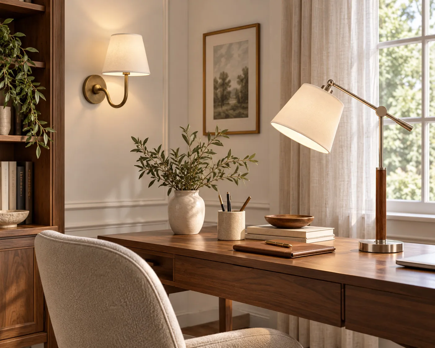 Appliques et lampes de bureau à abat-jour en tissu dans un bureau chaud et doucement éclairé