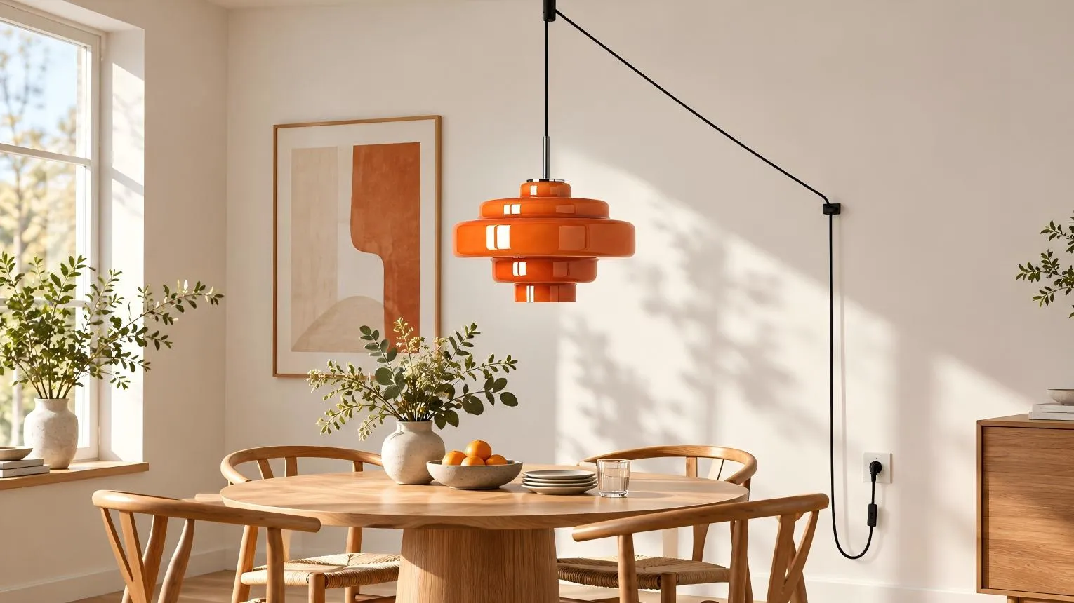 Suspension à brancher orange et superposée au-dessus d'une table en bois, avec câble visible au plafond et au mur