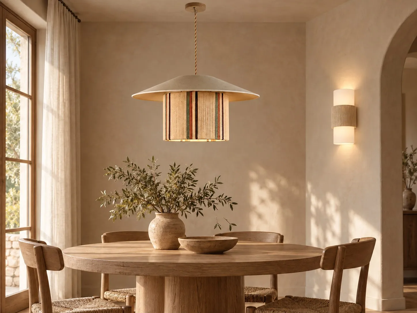 Geweven stoffen hanglamp en wandlamp Yanery in een eetkamer