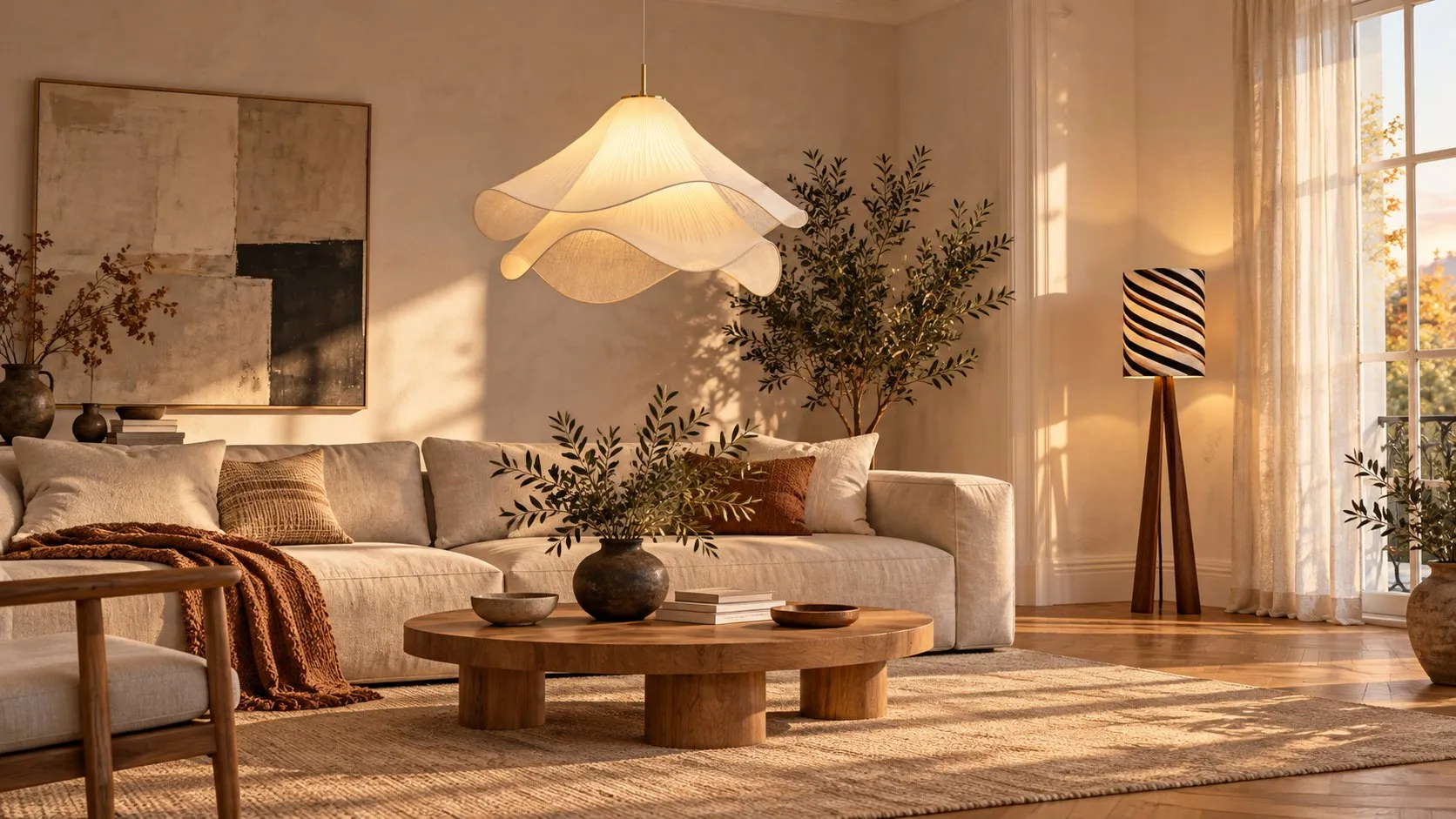 Hanglamp Ethereal Bloom en een gestreepte driepoot-vloerlamp in een woonkamer