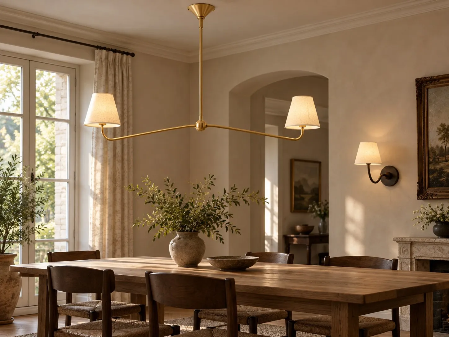 Linnen kroonluchter Fibura en wandlamp Luvora in een eetkamer