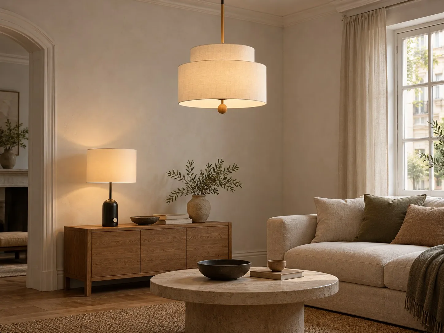 Linnen hanglamp House en tafellamp Penn in een rustige woonkamer