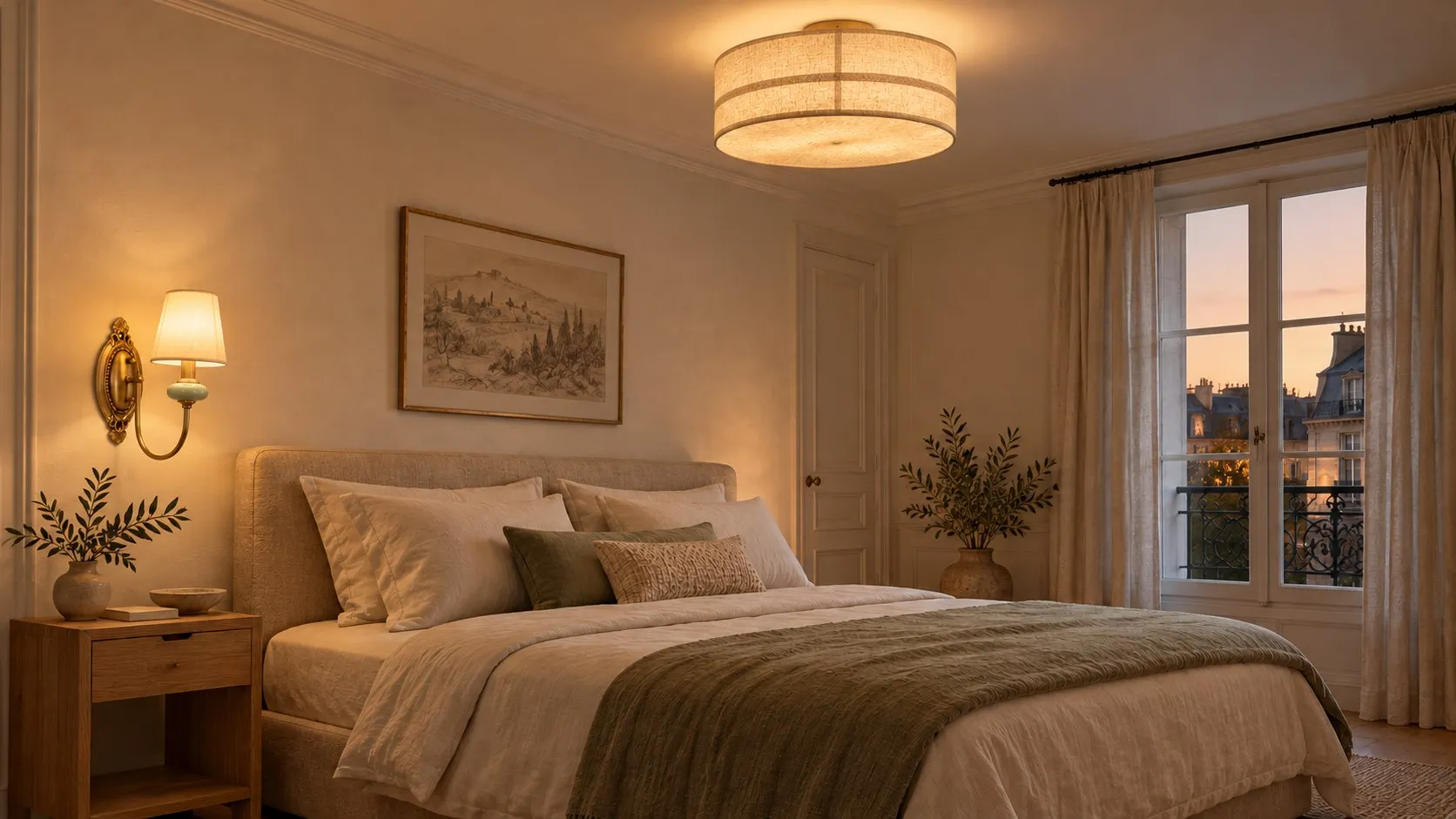 Linnen plafondlamp Hashira met banden en messing wandlamp Rowanea in een slaapkamer