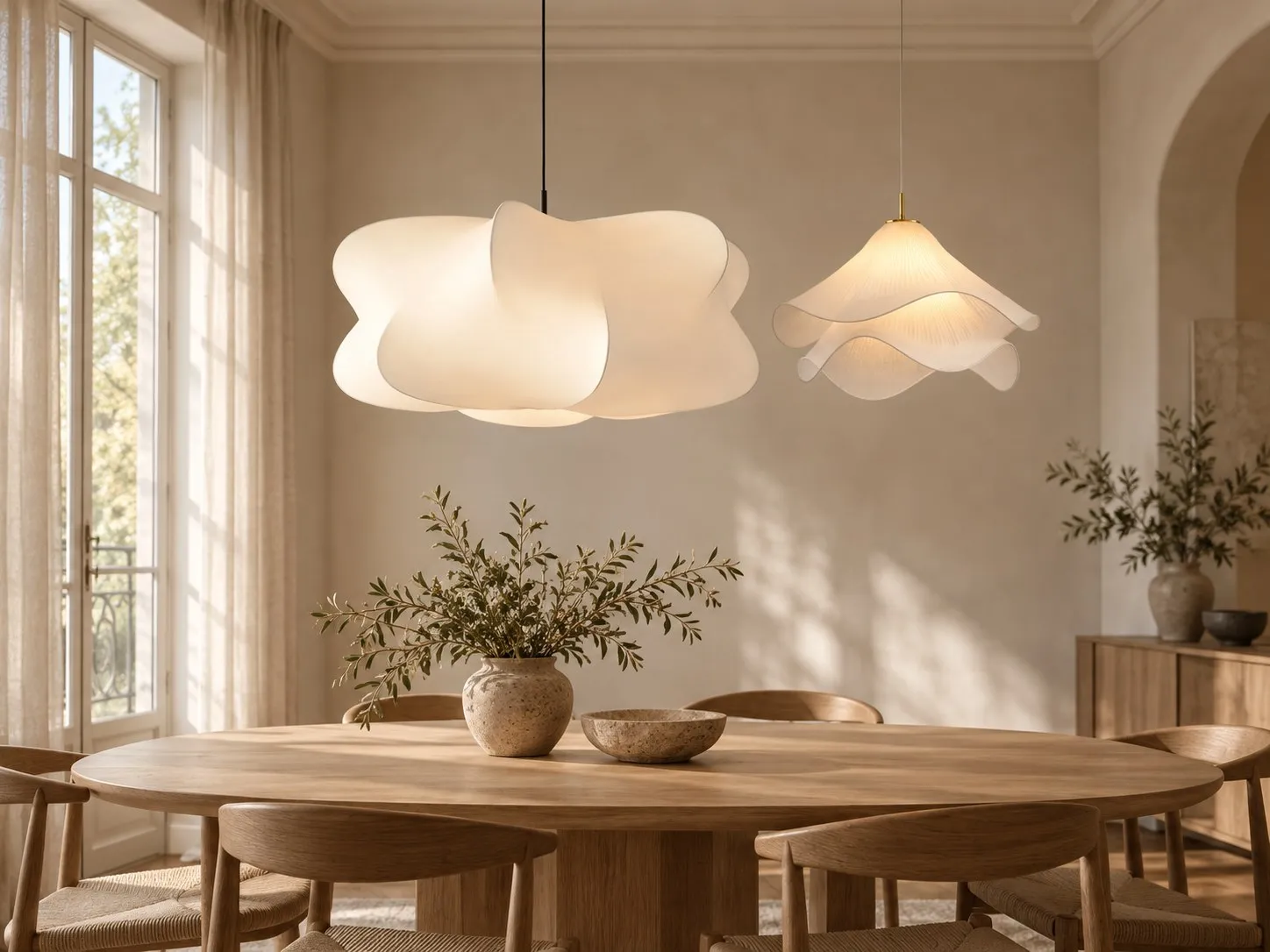 Zijden wolk Lunaveo en hanglamp Ethereal Bloom boven een eettafel