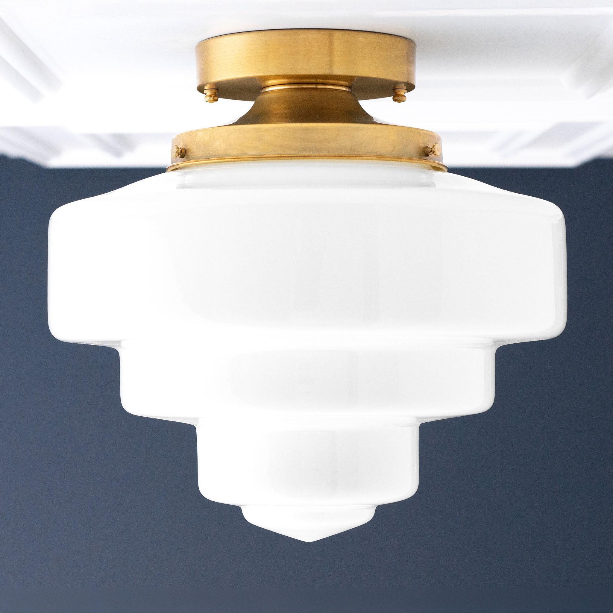 Geotower Glass Brass Ceiling Lamp – Handblown Opal Glass Globe Light K1552