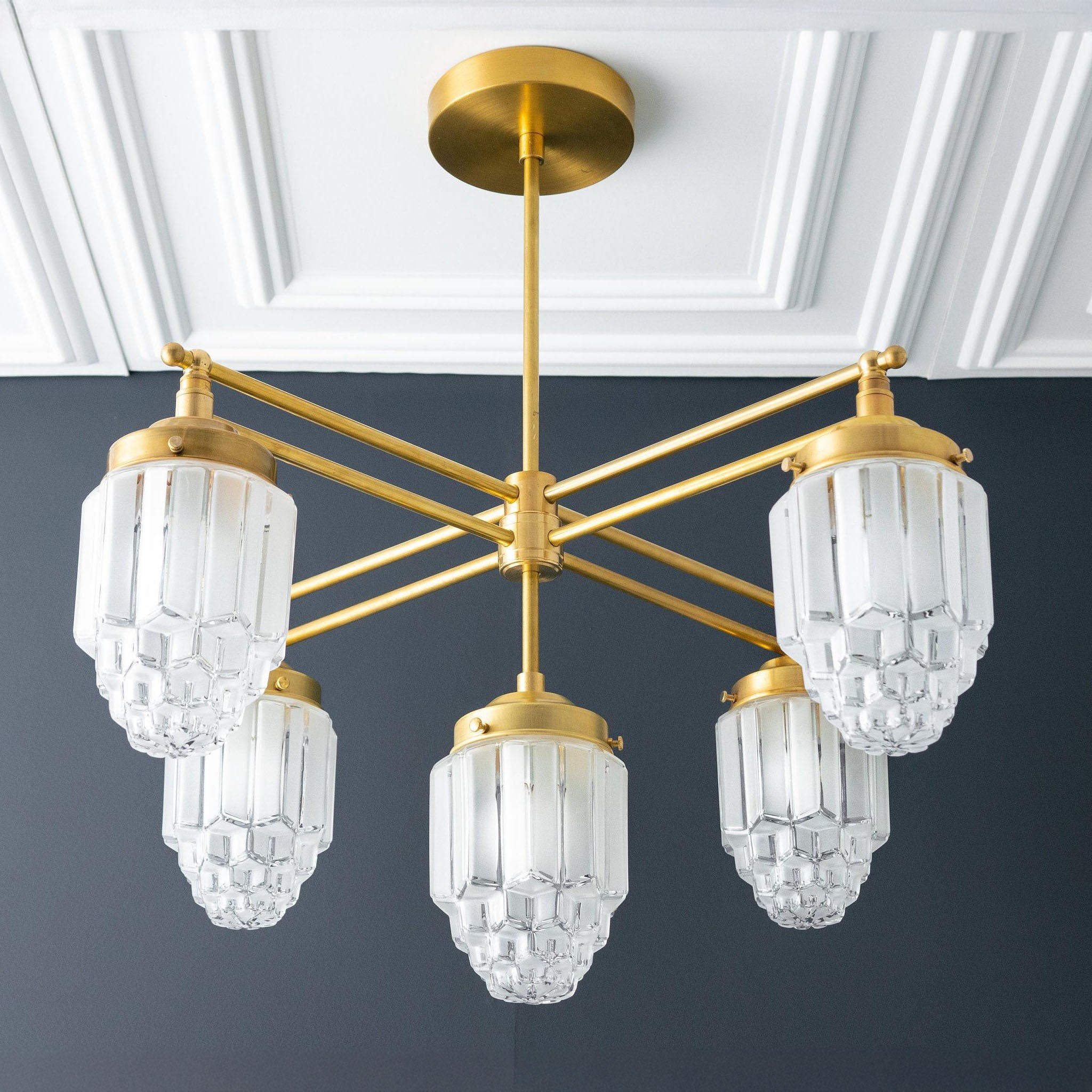 Tierlux Glass Chandelier – Vintage Brass Globe Lighting Fixture K1492