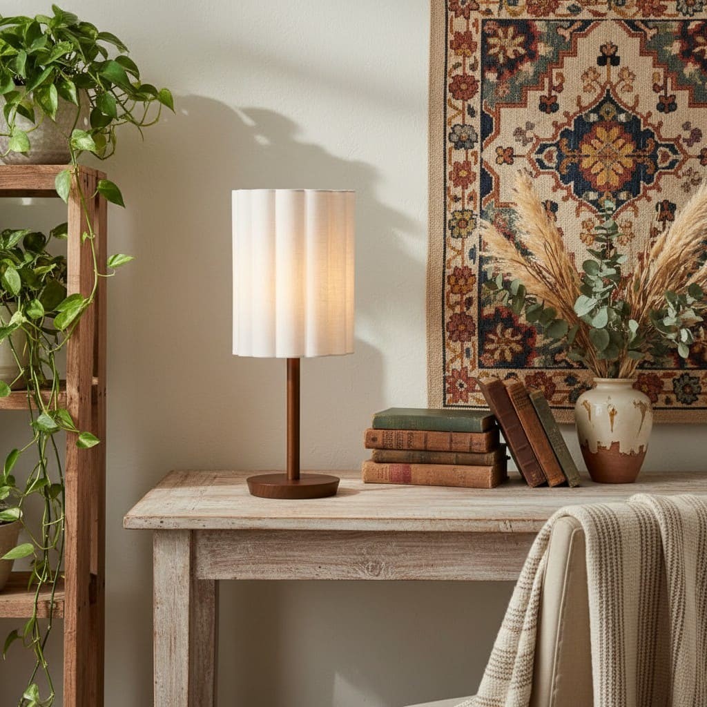 Linbron Table Lamp - Modern Fabric Shade with Wood Base for Bedroom and Living Room K1678