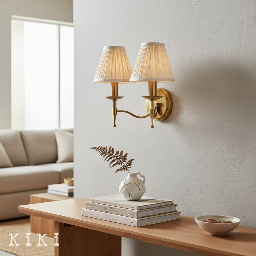 Tela Classic Curved Arm Brass Wall Sconce - Traditional Linen Sconce for Living Room or Hallway K1803