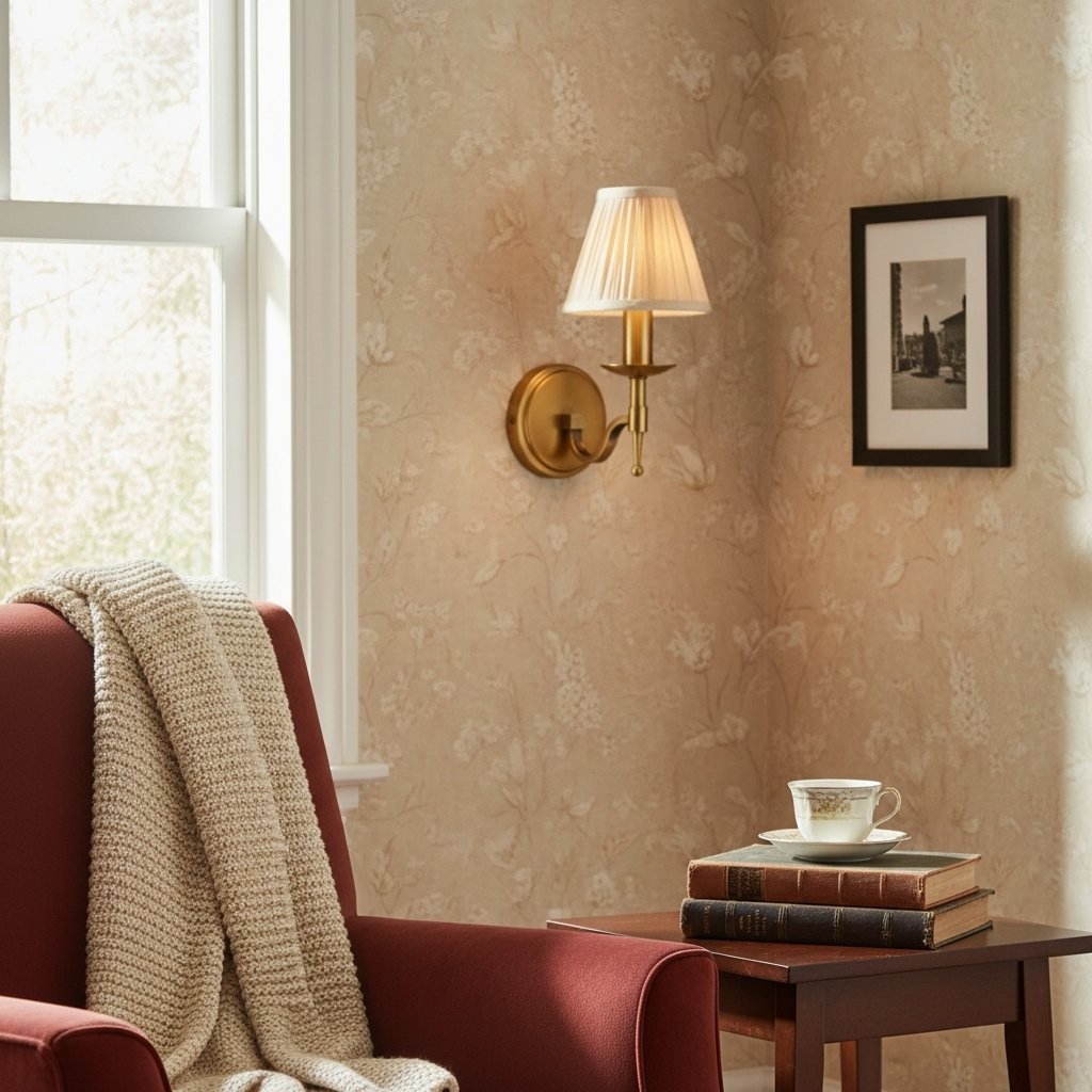 Tela Classic Curved Arm Brass Wall Sconce - Traditional Linen Sconce for Living Room or Hallway K1803