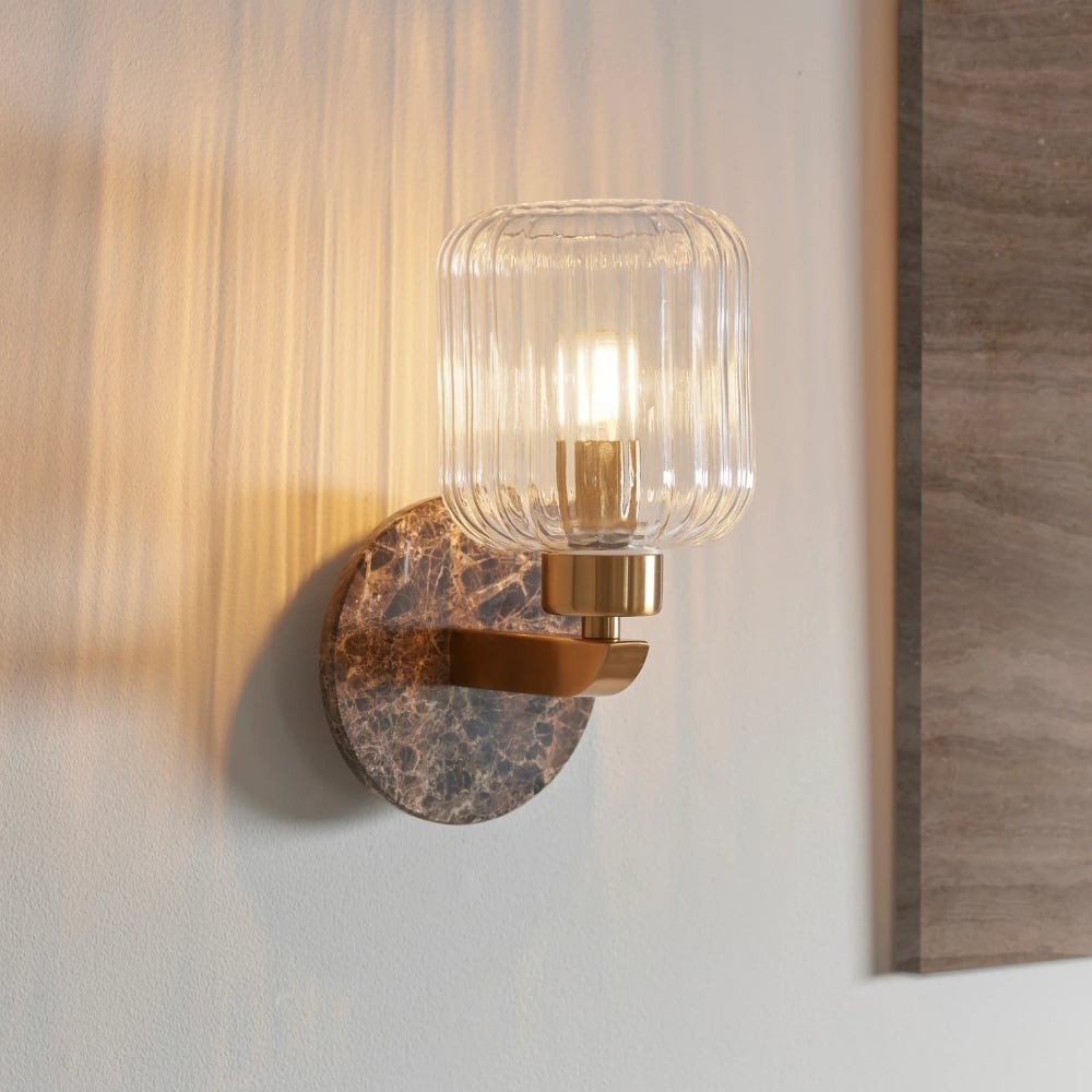 Korlisse Modern Marble Wall Light - Vintage Brass & Clear Glass Accent for Living Room and Hallway K1918