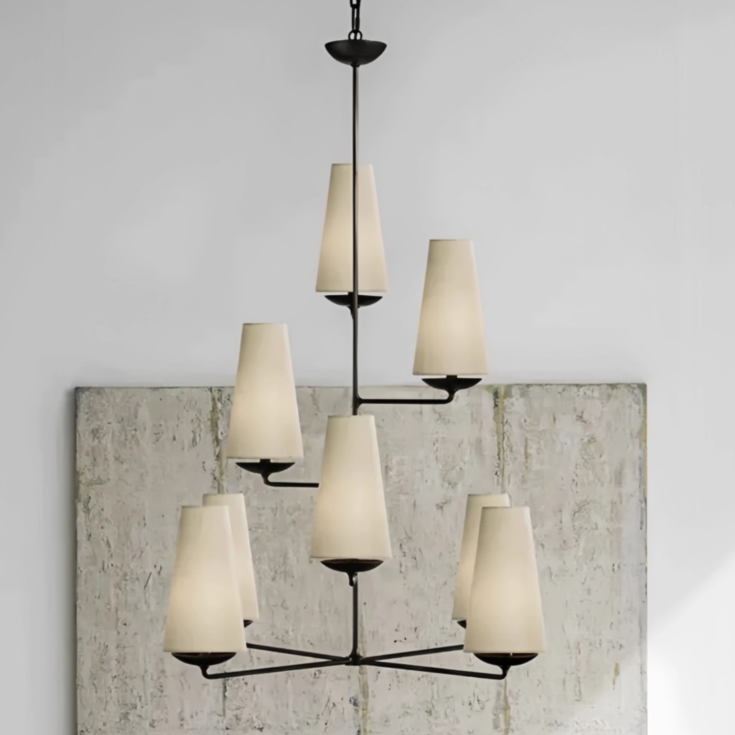 VertiFount Vertical Cascading Chandelier - Multi-Level Linen Shades For Stairwells & Vaulted Ceilings K1199
